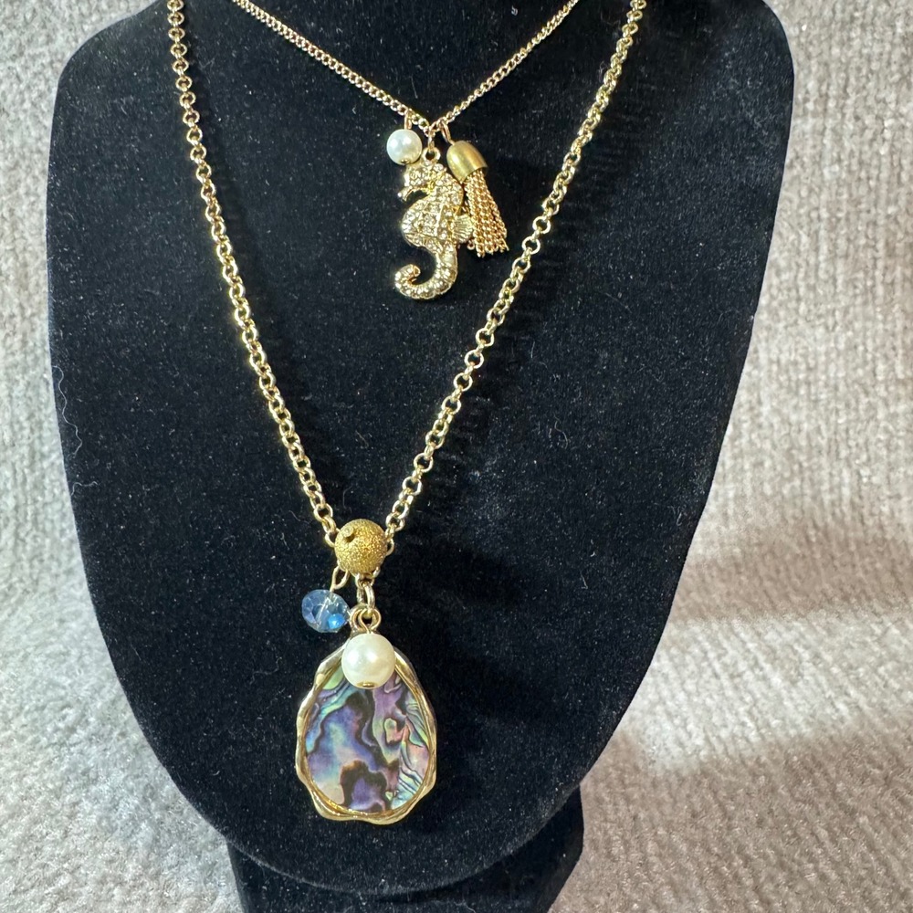 Tanya Creations Layered Charm Necklace Seahorse Shell Look Faux Pearl Resort
